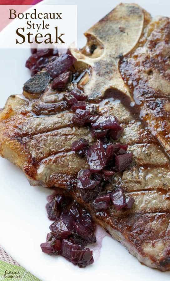 Onion and red wine sauce over a grilled steak. 