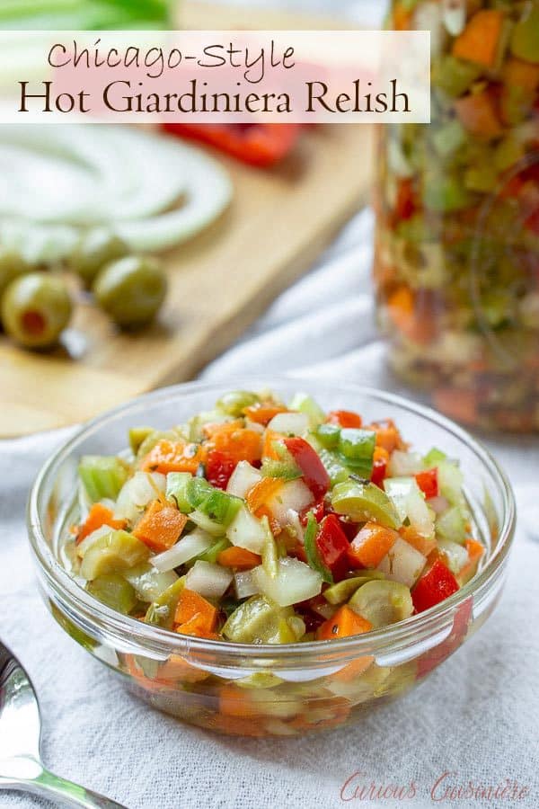 Hot Giardiniera Relish uses diced vegetables and ample hot peppers to create a tangy and spicy topping for sandwiches, hot dogs, and more. #chicagostyle #relish #spicy #topping #italianbeef | www.CuriousCuisiniere.com