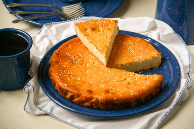 Salvadoran Quesadilla (Sweet Cheese Breakfast Cake) with sesame seeds