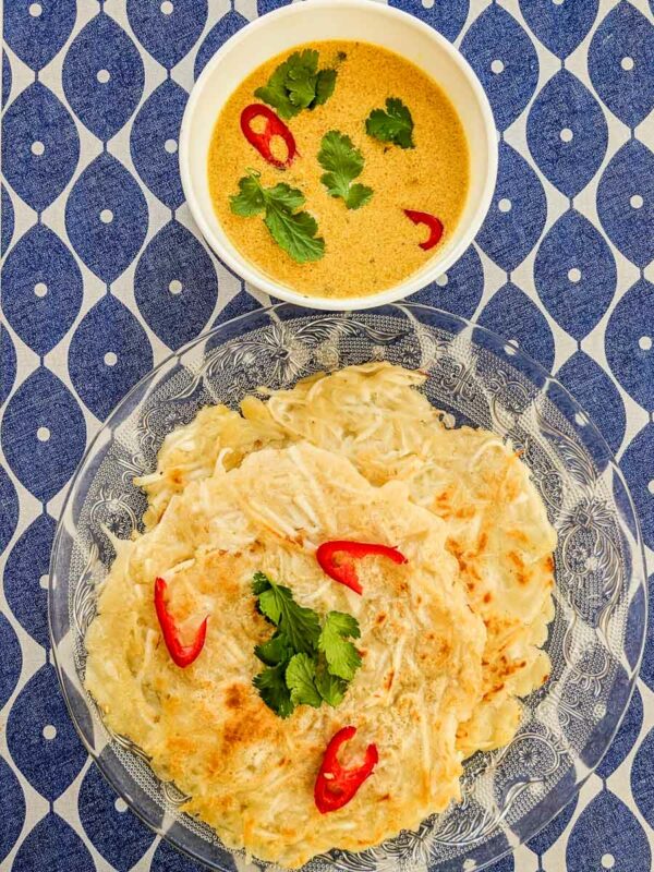 Malaysian coconut pancakes with fish curry