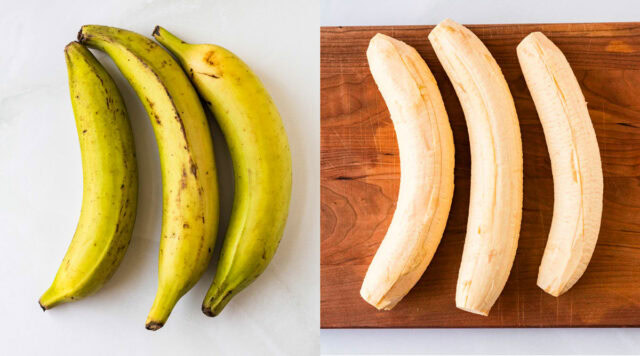 Ripe plantains and peeled plantains