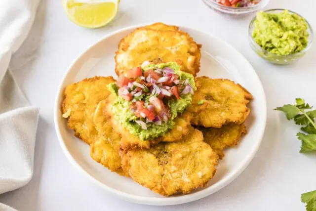 Patacones, tostones, fried plantains with toppings