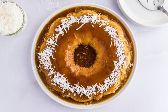 Caribbean dessert - coconut flan - on serving platter