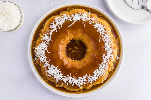 Caribbean dessert - coconut flan - on serving platter