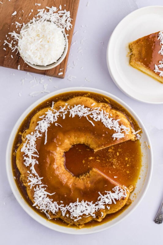 Coconut flan on serving plate